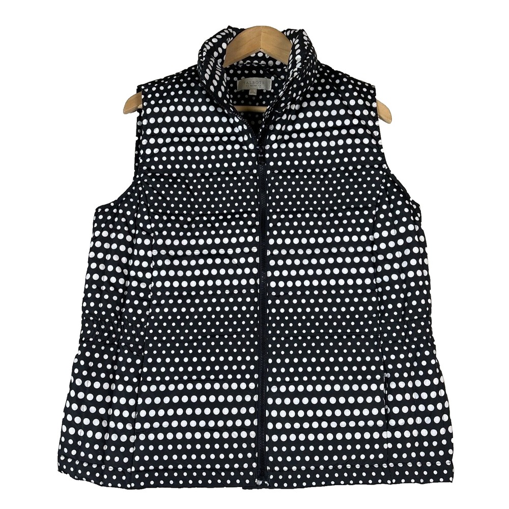 Talbots Petites Black White Polka Dot Down Puffer Vest Full Zip MP Medium Petite